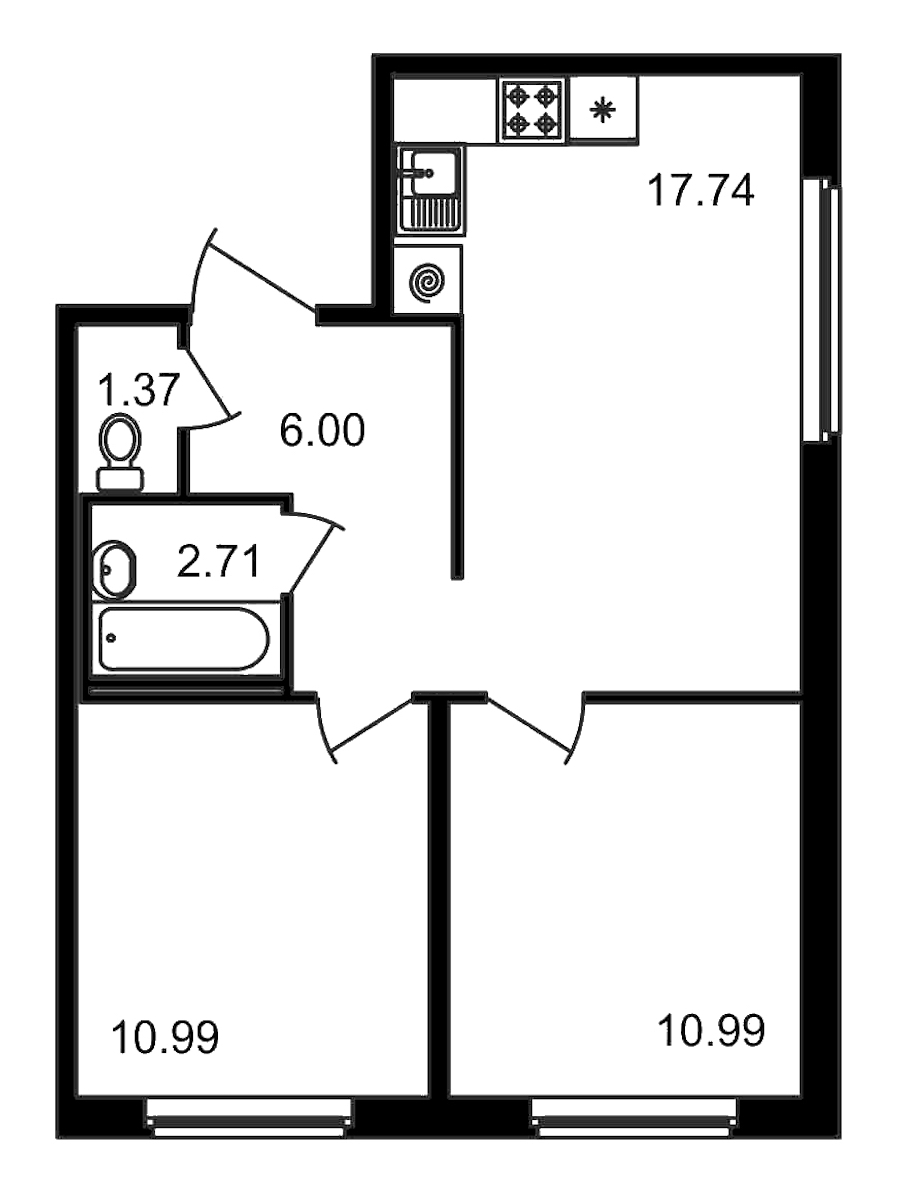 2-комнатная квартира 49.8 м², 2/15 эт., ЖК «Новые горизонты»